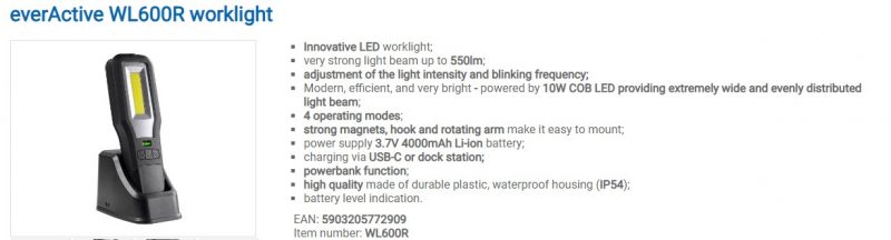 EverActive WL-600R rechargeable LED worklight